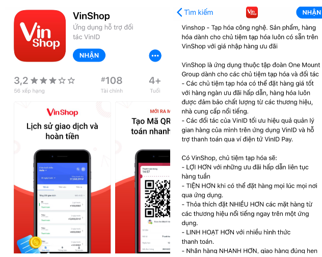 Đã xuất hiện ứng dụng VinShop được phát triển bởi "Vingroup joint stock company"