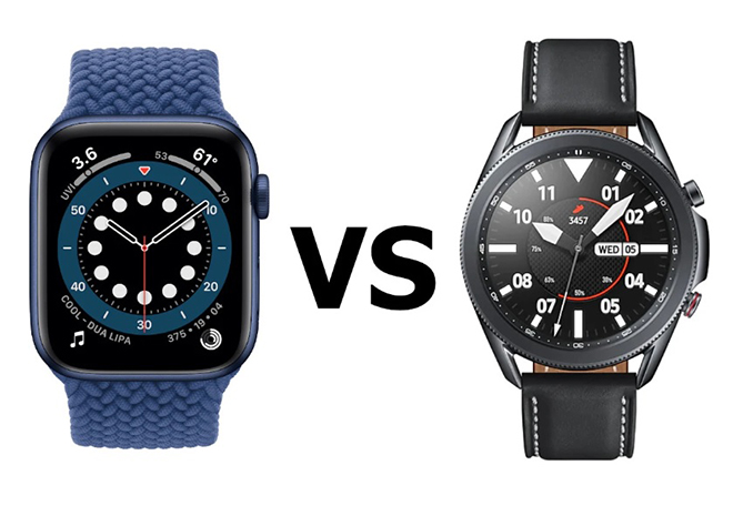 Apple Watch Series 6 (trái) và Galaxy Watch 3.