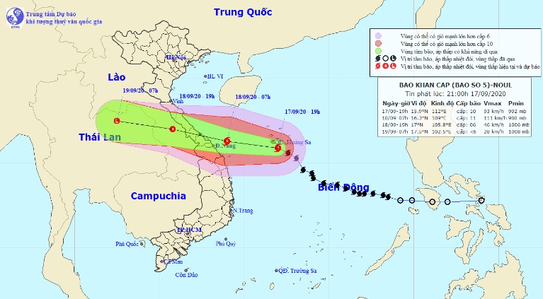 Vị trí và hướng di chuyển tiếp theo của bão số 5. Ảnh Trung tâm Dự báo KTTVQG.