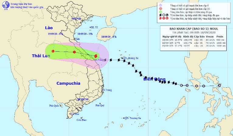 Vị trí và hướng di chuyển tiếp theo của áp thấp nhiệt đới suy yếu từ bão số 5. Ảnh trung tâm Dự báo KTTVQG.