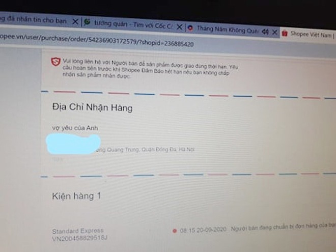 Cô gái tên H.N có “sở thích” mua hàng online nhưng lại không để tên thật, đặt là “vợ yêu của anh” (Ảnh chụp màn hình).