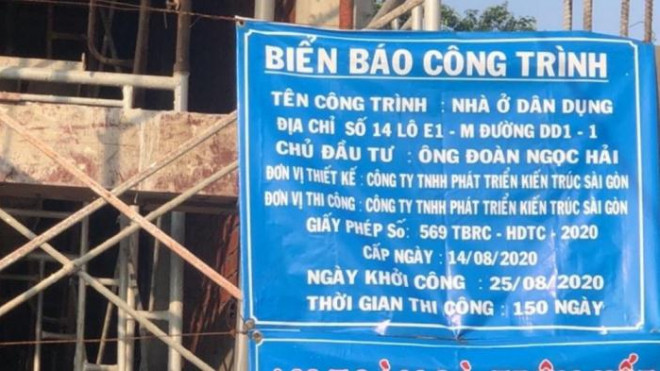 Biển báo công trình mang tên chủ đầu tư Đoàn Ngọc Hải