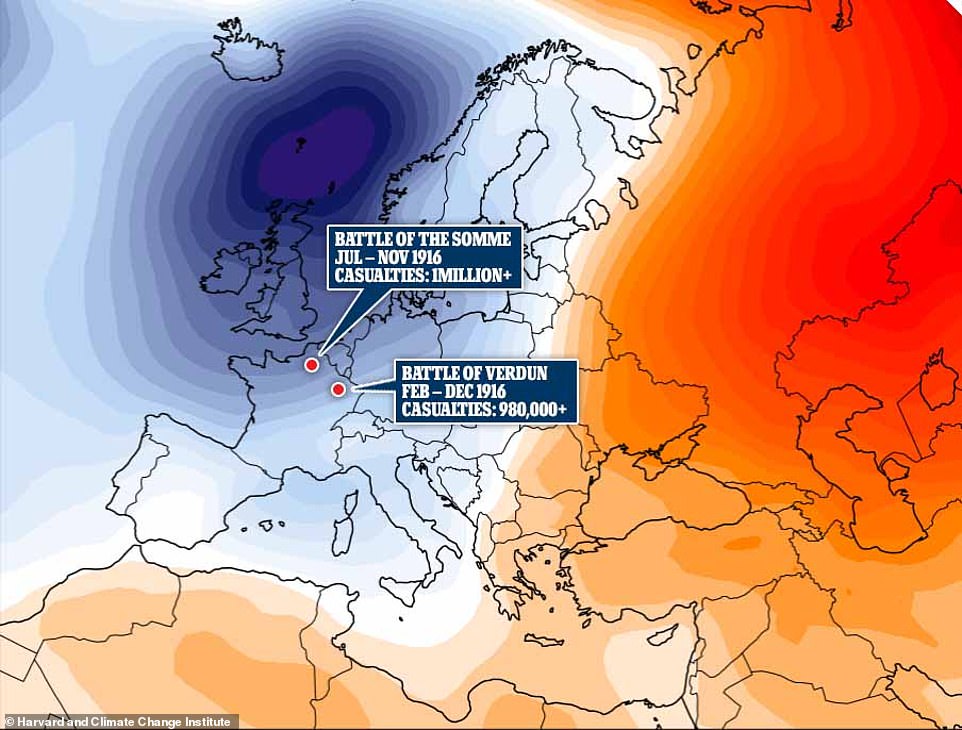 Các khoảng thời gian mà hiện tượng thời tiết này hoạt động mạnh nhất trùng khớp hoặc xảy ra ngay trước thời điểm các trận chiến đẫm máu nhất của Thế chiến I diễn ra, theo nghiên cứu. Ảnh: Harvard and Climate Change Institute