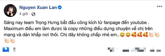 Xuân Lan chia sẻ dòng trạng thái với nội dung cô bị "team" của diễn viên Trọng Hưng công kích. Ảnh chụp màn hình: Saostar