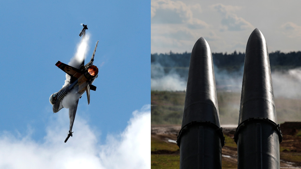 Chiến đấu cơ F-16 (trái) và tên lửa đạn đạo tầm ngắn Iskander.