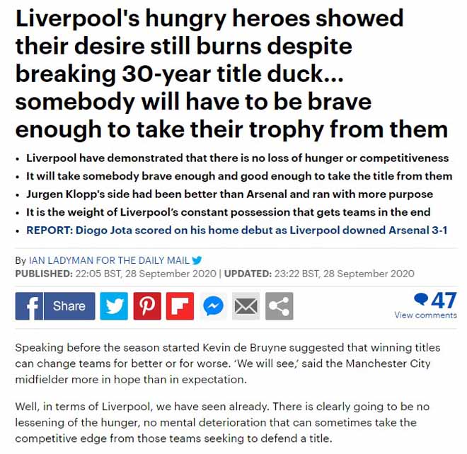 Với Daily Mail, Liverpool là ông vua của Big 6