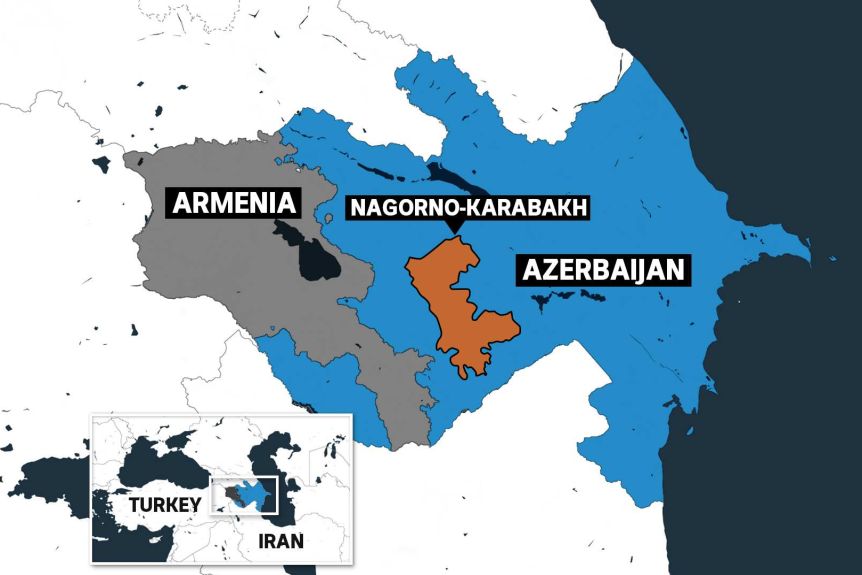 Bản đồ vị trí của khu vực Nagorno-Karabakh (màu cam), Armenia (màu xám) và Azerbaijan (màu xanh dương).&nbsp;Ảnh: ABC News