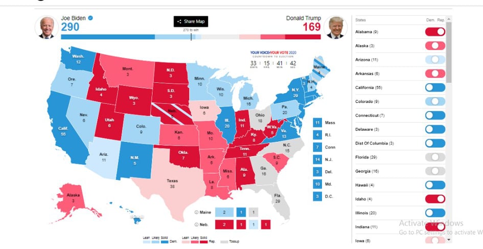 Dự đoán số phiếu đại cử tri bầu cho ông Trump và Biden tại các bang của Mỹ, theo nhóm&nbsp;FiveThirtyEight&nbsp;(ảnh chụp màn hình)