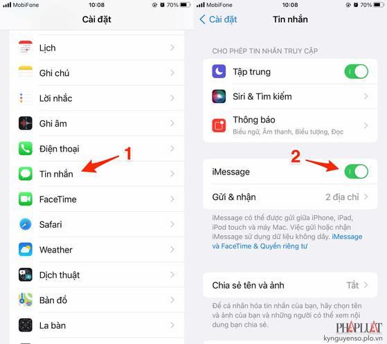 Kích hoạt lại dịch vụ iMessage. Ảnh: MINH HOÀNG