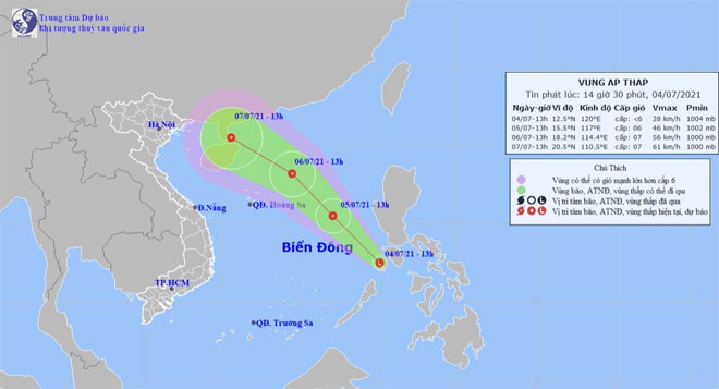 Vị trí và hướng di chuyển tiếp theo của vùng áp thấp trên Biển Đông. Ảnh: Trung tâm Dự báo KTTVQG.