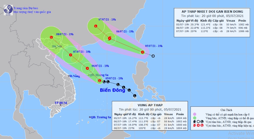 Vị trí và hướng di chuyển tiếp theo của áp thấp nhiệt đới và vùng áp thấp. Ảnh Trung tâm Dự báo KTTVQG.