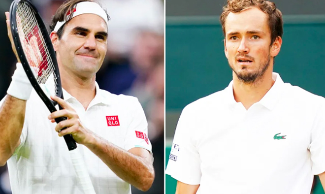 Federer (trái) muốn tiếp tục mưa để Medvedev chưa thể thi đấu, một phát biểu vui của "Tàu tốc hành"