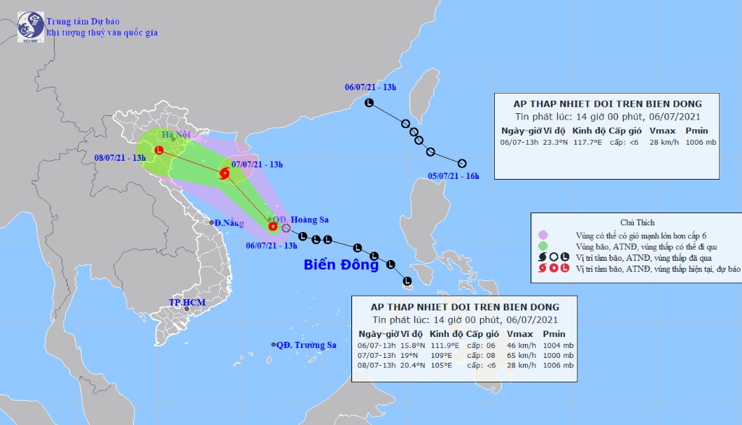 Vị trí và hướng di chuyển tiếp theo của áp thấp nhiệt đới. Ảnh Trung tâm Dự báo KTTVQG.