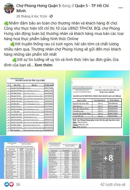 Ban quản lý chợ Phùng Hưng (quận 5) đăng tải thông tin các tiểu thương.