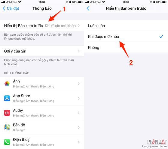 Không cho phép iPhone hiển thị nội dung thông báo trên màn hình khóa. Ảnh: MINH HOÀNG