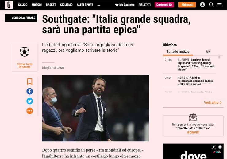 Tờ La Gazzetta dello Sport đánh giá cao bản lĩnh vượt khó của HLV Gareth Southgate và ĐT Anh trước trận chung kết EURO năm nay với ĐT Italia