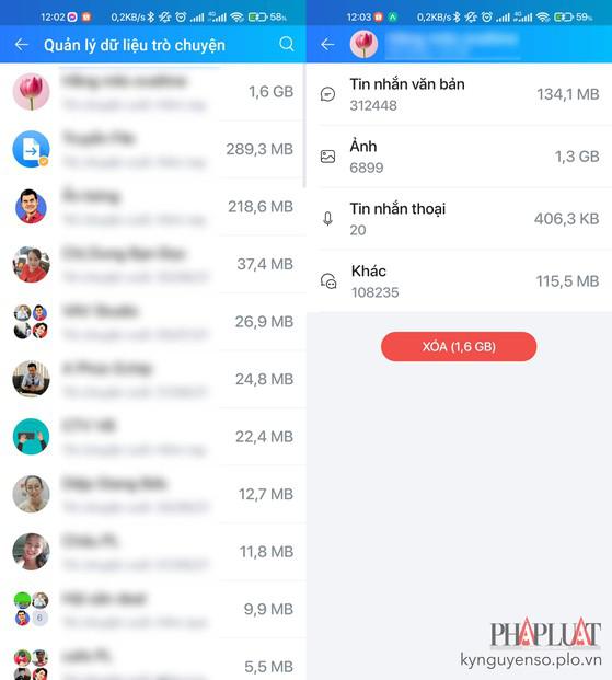 Xóa bớt các cuộc trò chuyện chiếm nhiều dung lượng trên Zalo. Ảnh: MINH HOÀNG