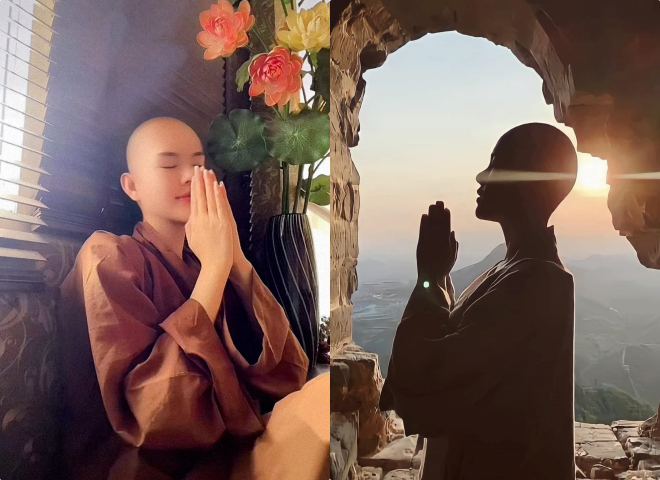 Diễn viên Ngọc Trinh chia sẻ ảnh cạo trọc đầu, mặc áo Phật tử&nbsp;