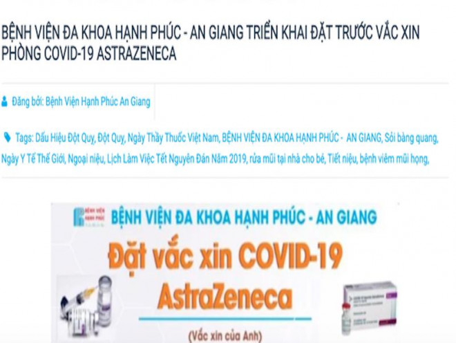 Thông tin đăng ký tiêm dịch vụ vaccine COVID-19 đăng tải trên trang web bệnh viện.