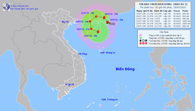 Vị trí và hướng di chuyển tiếp theo của bão số 3 Cempaka. Ảnh Trung tâm Dự báo KTTVQG.