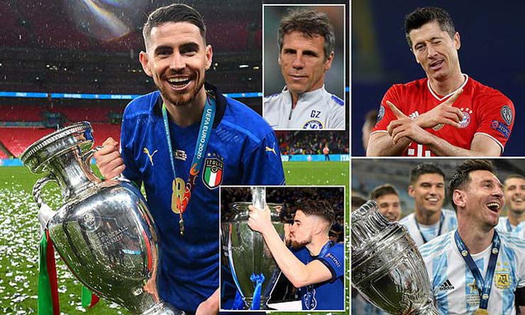 Huyền thoại Chelsea và ĐT Italia, Gianfranco Zola (ảnh nhỏ ở giữa) cho rằng Jorginho chứ không phải Robert Lewandowski hay Lionel Messi xứng đáng đoạt "Quả bóng vàng" năm nay