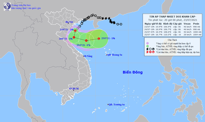 Vị trí và hướng di chuyển tiếp theo của áp thấp nhiệt đới. Ảnh: Trung tâm Dự báo KTTVQG.