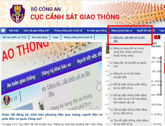 Trang chủ csgt.vn đã có thêm danh mục "Đăng ký, khai báo xe", trong đó có lựa chọn "Đăng ký, cấp biển số xe lần đầu".