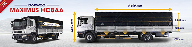 Tải trọng 8.6 tấn. Kích thước lòng thùng dài 8.6m, rộng 2.36m, hông xe có thể gập xuống.