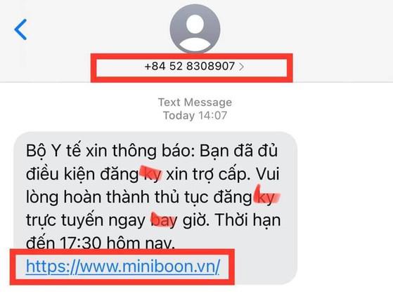 Tin nhắn lừa đảo đăng ký nhận trợ cấp COVID-19. Ảnh: Hoàng Sơn