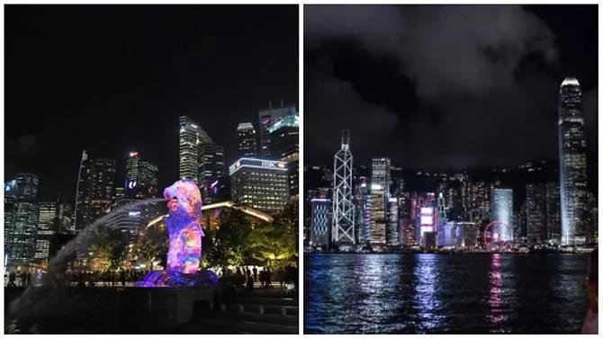 Toàn cảnh Singapore (trái) and Hồng Kông (phải) về đêm. (Ảnh: AFP)