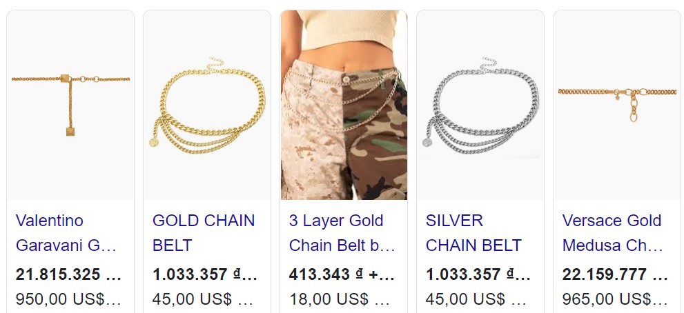 Những con số đa dạng về giá của một chiếc belly chain trong một gợi ý của Google.