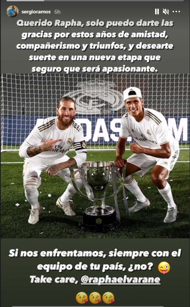 Sergio Ramos gửi lời chúc cho Varane trên Instagram