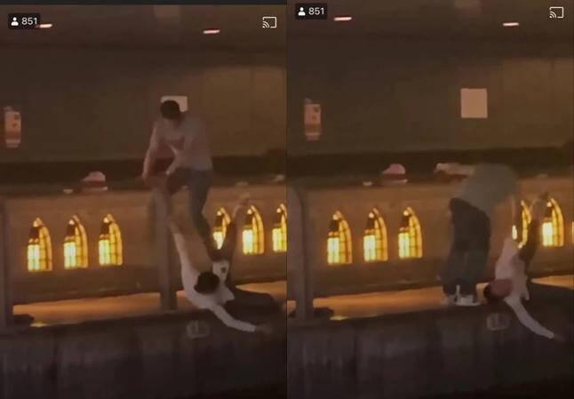 Hình ảnh trích từ video cho thấy nam thanh niên người Việt Nam bị đẩy ngã xuống sông