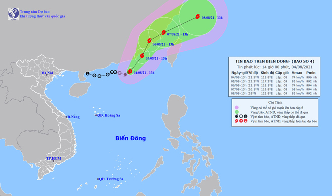 Vị trí và hướng di chuyển tiếp theo của bão số 4 Lupit. Ảnh: Trung tâm Dự báo KTTVQG.
