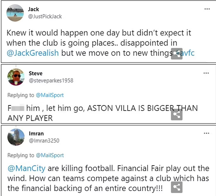 Đông đảo fan Aston Villa chửi mắng Jack Grealish và Man City trên Twitter