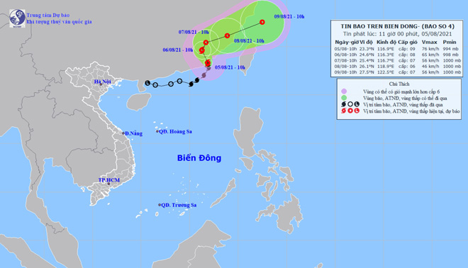 Vị trí và hướng di chuyển tiếp theo của bão số 4 Lupit. Ảnh: Trung tâm Dự báo KTTVQG.