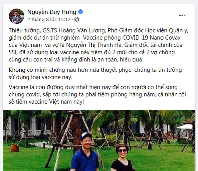 Dòng chia sẻ của đại gia Nguyễn Duy Hưng trên trang cá nhân