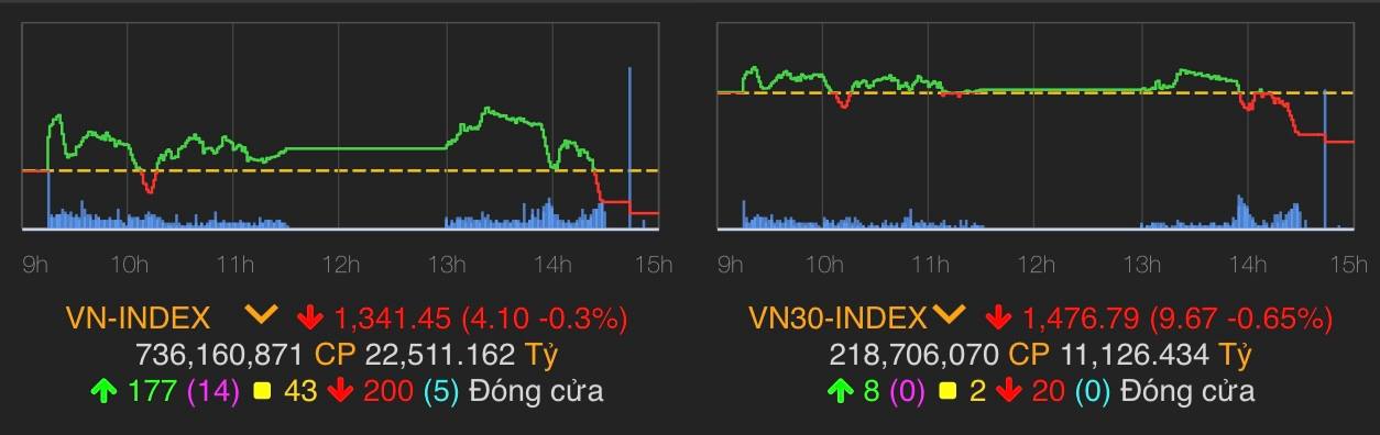 VN-Index giảm 4,1 điểm (0,3%) còn 1.341,45 điểm.