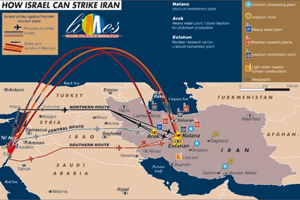 Minh họa các hướng tấn công Iran của quân đội Israel.