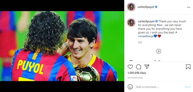 Carles&nbsp;Puyol: “Cảm ơn rất nhiều về mọi thứ, Leo. Chúng tôi không bao giờ có thể cảm ơn đủ về những gì cậu đã mang đến. Chúc cậu mọi điều đẹp nhất”.