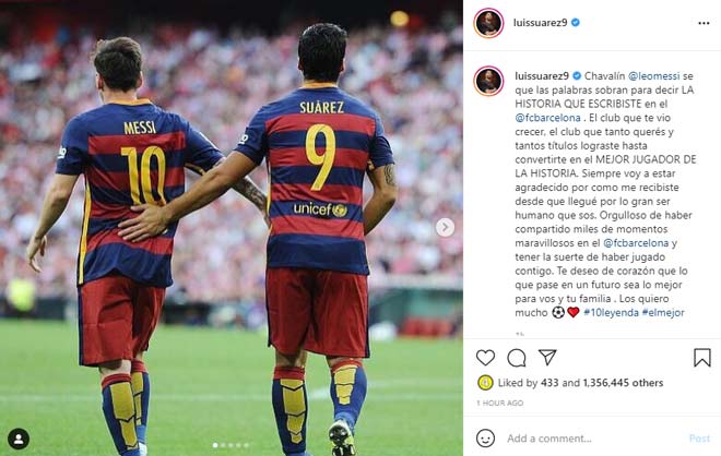 Luis Suarez: "Tôi biết có quá nhiều điều để nói về câu chuyện mà bạn đã viết nên tại Barca. Đội bóng đã chứng kiến bạn lớn lên, yêu bạn rất nhiều và cùng bạn giành được nhiều danh hiệu cho đến khi bạn trở thành cầu thủ hay nhất. Tôi sẽ luôn biết ơn cách bạn đón nhận tôi hồi tôi mới đến, nhờ tính cách tuyệt vời của bạn. Tự hào khi được chia sẻ hàng ngàn những khoảnh khắc tuyệt vời ở Barca, và thấy may mắn khi được thi đấu cùng bạn. Hy vọng những điều tốt đẹp sẽ đến".