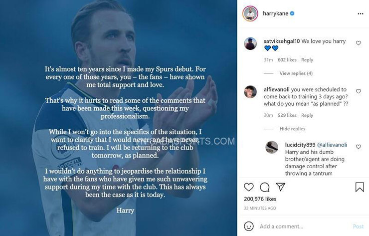 Tâm thư trên trang Instagram của Harry Kane để thanh minh với các fan cùng lời hứa anh sẽ trở lại Tottenham hôm nay