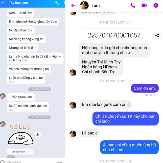 Tin nhắn của Phong Lam và Nguyễn Thị Minh Thy với chị Nguyễn K.L ở TPHCM để chuyển tiền hỗ trợ vào quỹ 82- ảnh L.N