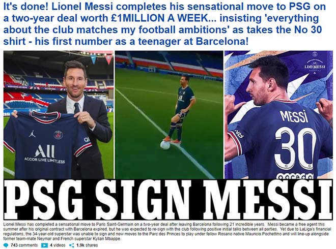 Tờ Daily Mail của Anh bị chấn động với vụ chuyển nhượng của Messi