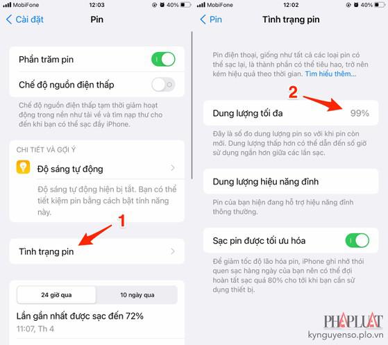 Kiểm tra tình trạng sức khỏe viên pin trên iPhone. Ảnh: MINH HOÀNG