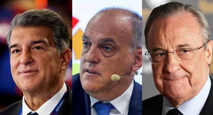 Vì Super League, Javier Tebas (giữa) luôn bất hòa với Juan Laporta (trái), Chủ tịch Barcelona và Florentino Perez (phải), Chủ tịch Real Madrid