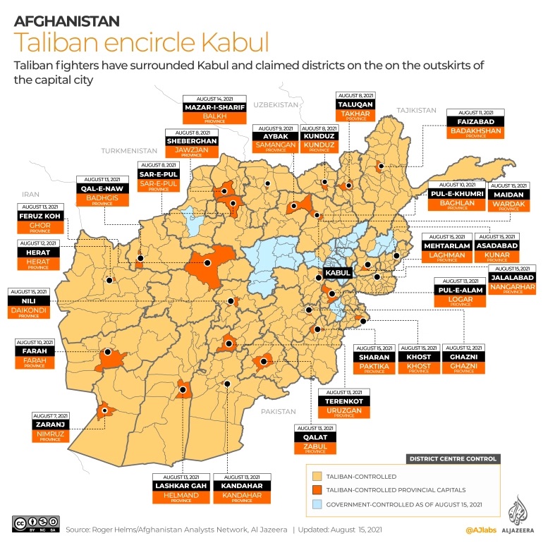 Bản đồ các khu vực do Taliban và chính phủ Afghanistan kiểm soát, tính tới ngày 15/8. Màu vàng: Vùng do Taliban kiểm soát. Màu cam: Thủ phủ các tỉnh do Taliban kiểm soát. Màu xanh dương: vùng do chính phủ Afghanistan kiểm soát. Ảnh: Al Jazeera/ Afghanistan Analysts Network