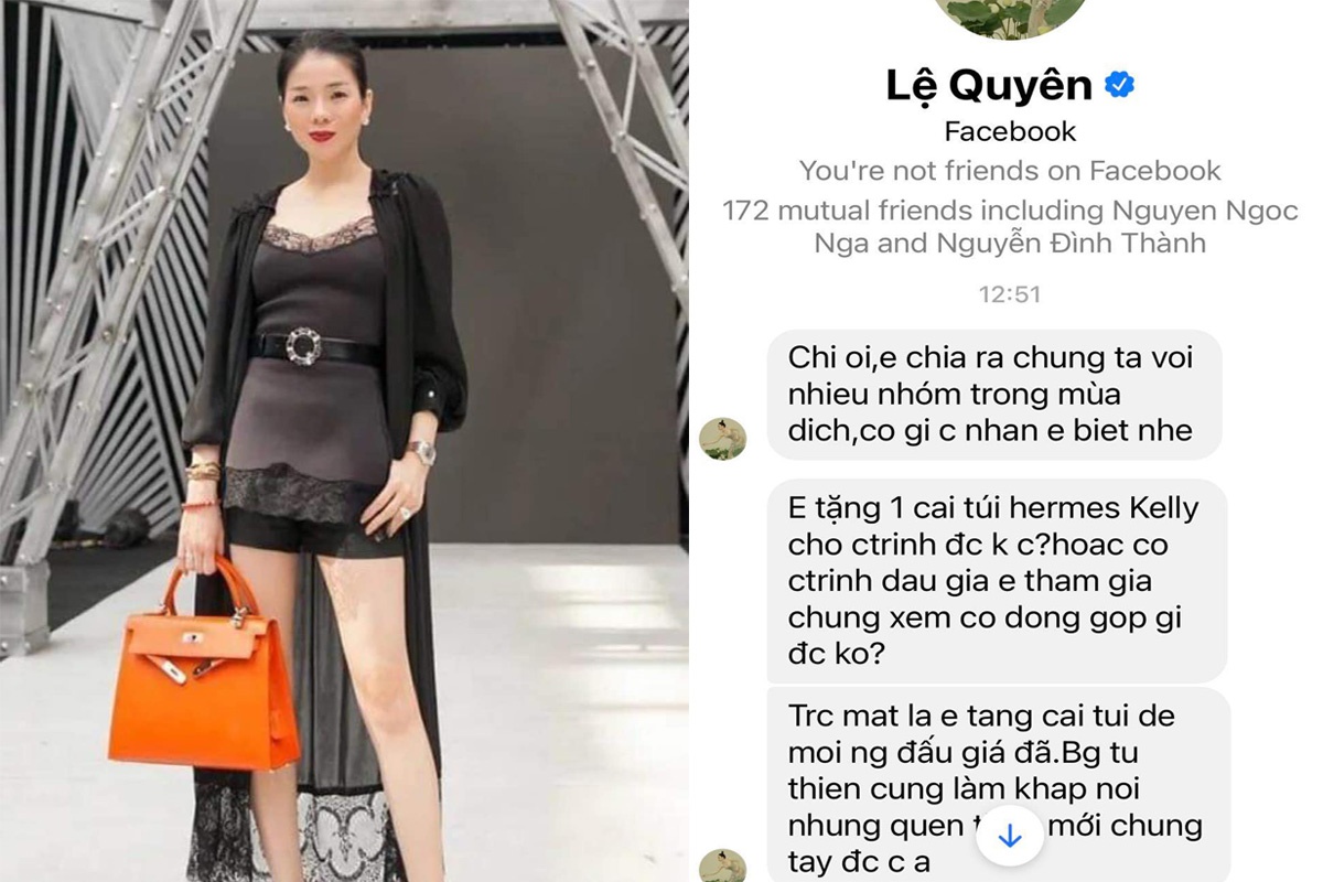 Mới đây, Lệ Quyên cũng tích cực tham gia đấu giá từ thiện để dành tiền quyên góp chống dịch. Theo đó, cô sẽ bán đấu giá chiếc túi Hermes Kelly. Lệ Quyên không tiết lộ giá trị của chiếc túi này nhưng cô mong muốn có thể bán đấu giá với số tiền 1 tỷ đồng. Hành động này của nữ ca sĩ nhận được nhiều lời khen từ người hâm mộ và đồng nghiệp.