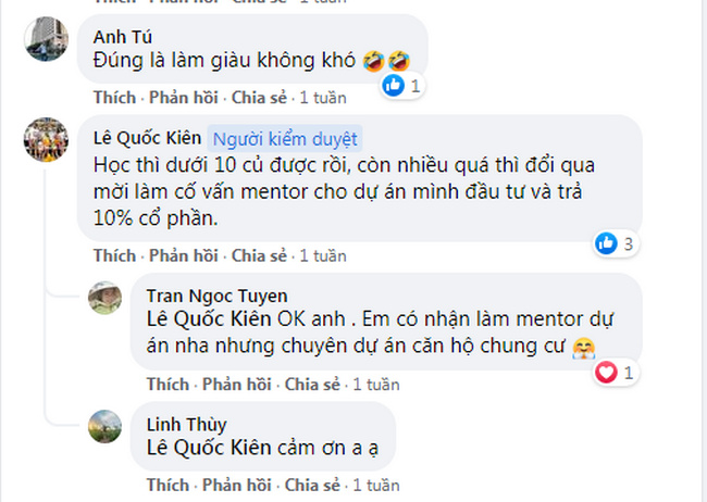 Ông Lê Quốc Kiên cho rằng có thể mời người dạy qua làm cố vấn và trả bằng cổ phần - Ảnh chụp màn hình