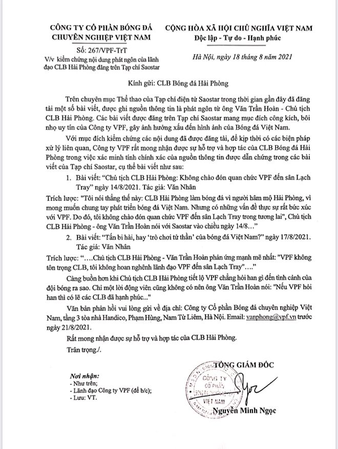 Nội dung công văn VPF gửi đến CLB Hải Phòng ngày 18/8.